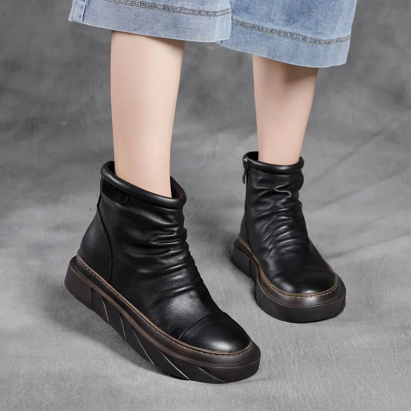 Clearance Special Offer  Hand-Rub Color Pleated Short   round Head Thick Bottom Single  First Layer Cowhide Zipper Dr. Martens