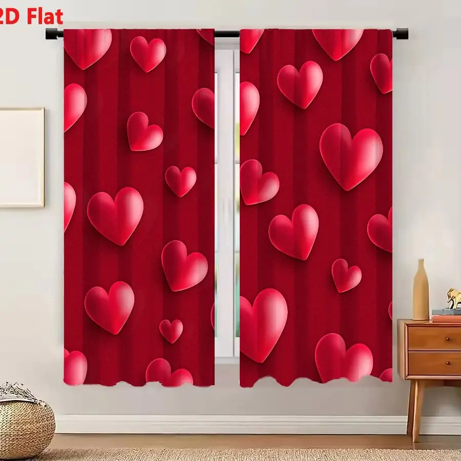 2Pcs Curtains 2D Flat Vibrant Romantic Pattern With Glossy Three Dimensional Hearts On Deep Red Background For Love And Valentin