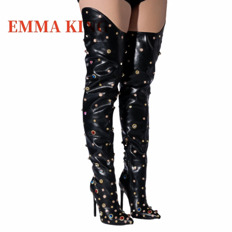 النساء حجر الراين الفخذ أحذية عالية مثير أشار تو الخناجر فوق الركبة أحذية السيدات فستان فاخر أحذية بوتاس دي Mujer