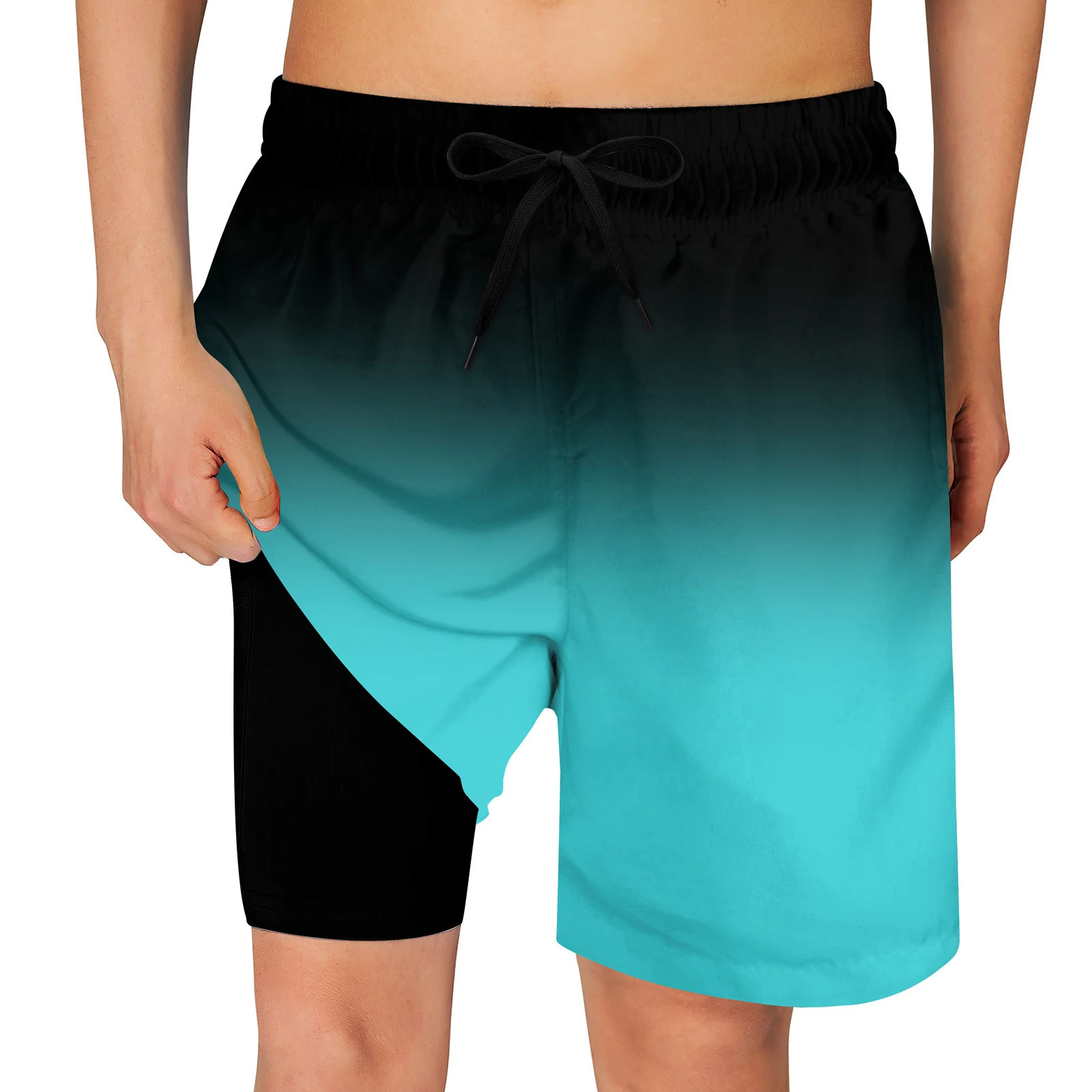 

Men Swim Boxer Shorts Swimwear Bottoms Drawstrings 2 in 1 Swim Trunk Double Layers Tropical Print Beach Swimming Casual Shorts