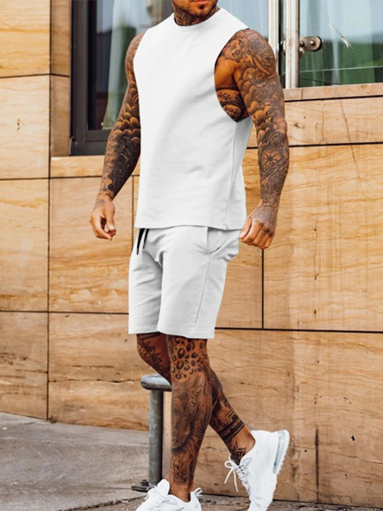 2022 Fashion Solid Two Piece Suits Men‘s O-Neck Tops and Shorts Outfits Men Summer Sleeveless Casual Simplicity Sets Streetwear