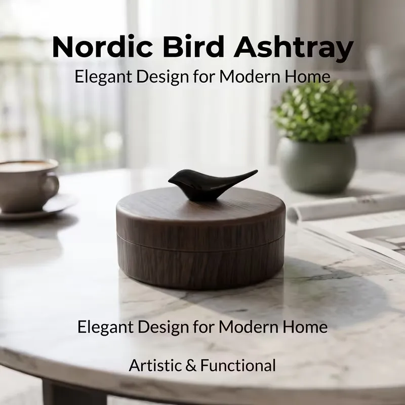 1pcs Bird-Shaped Ashtray with Lid – Windproof, Stainless Steel Liner, Wood-Grain, Easy Clean