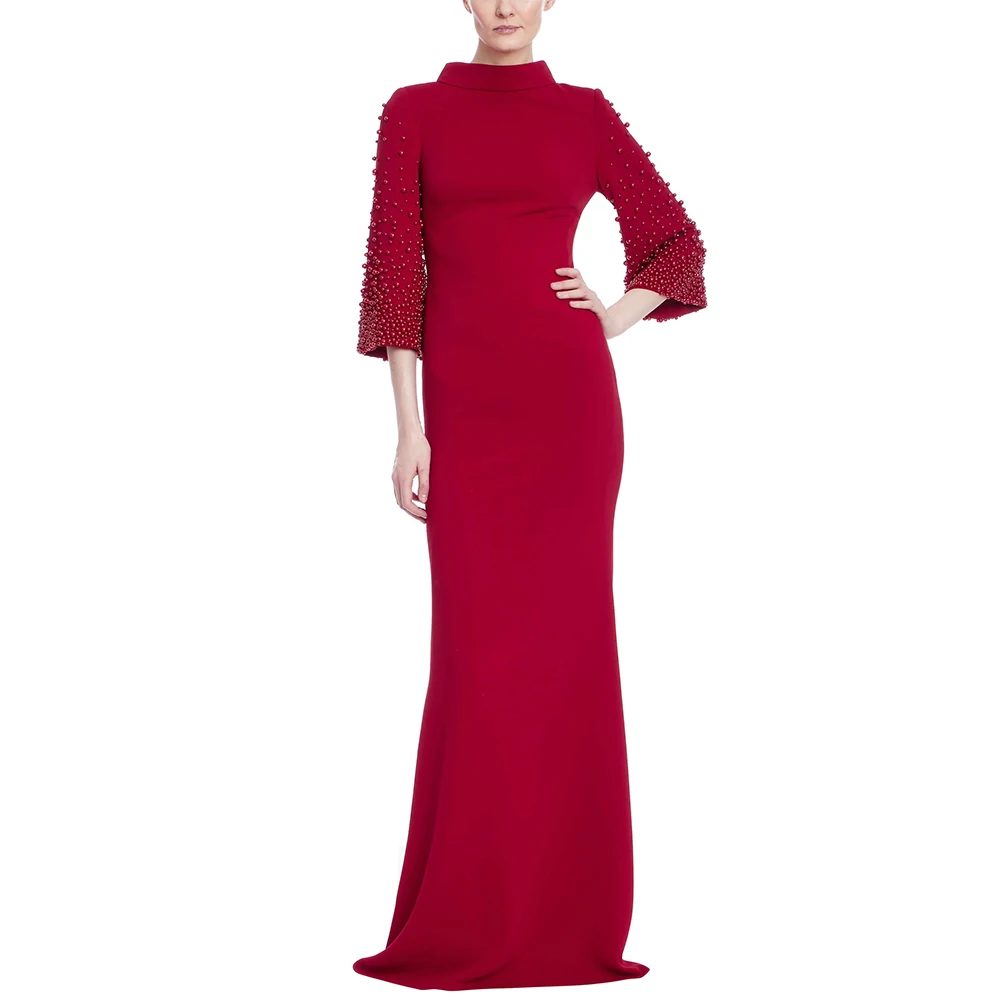 

Exquisite Burgundy Beading Mermaid Evening Dress Three Quarter Sleeved High Neckline Special Occasion Gowns robes de soirée