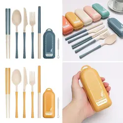 Protable Outdoor Travel With Utensil Box Tableware Cutlery Set Dinnerware Set Knives Fork Spoon Chopsticks Straw Set