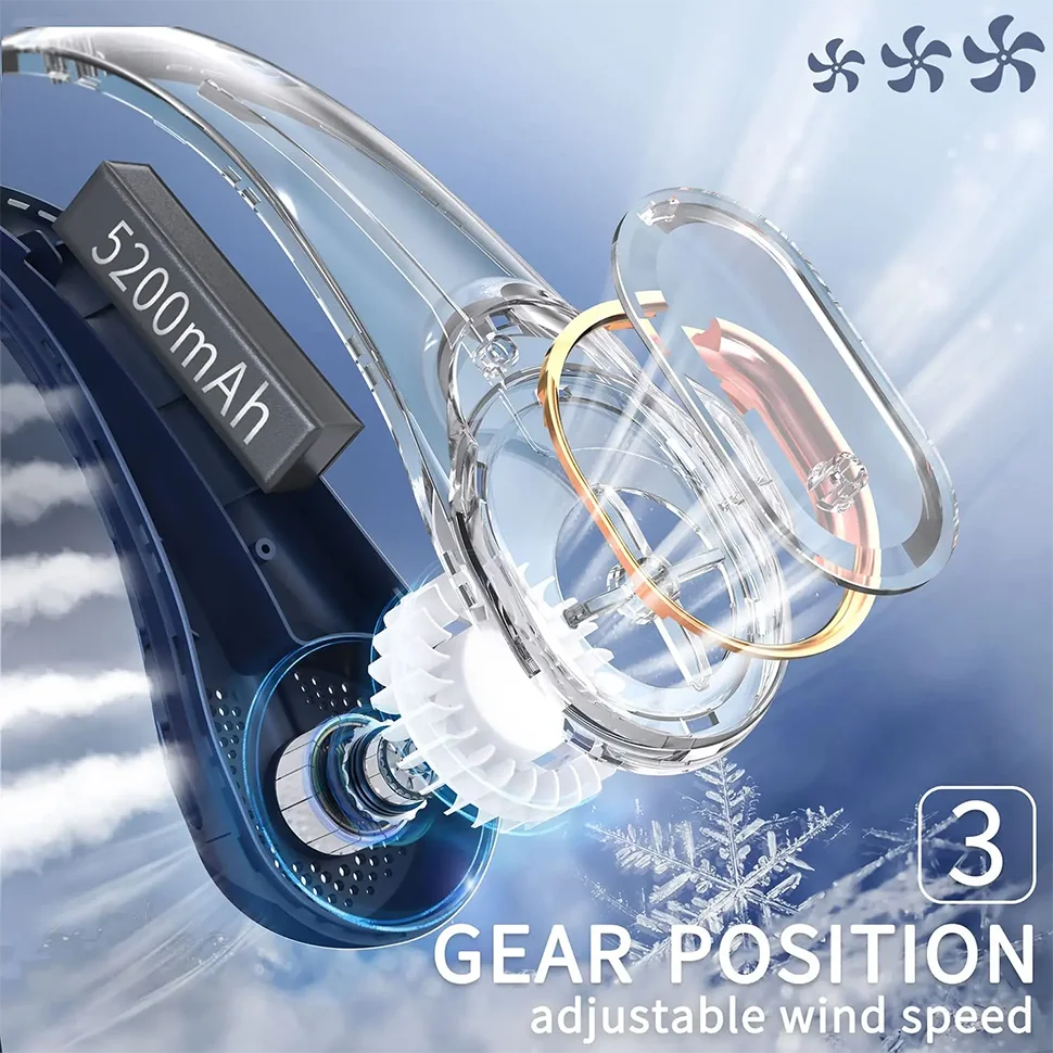2024 5200 мА/ч перезаряжаемый портативный шейный вентилятор 360 ° охлаждение портативный мощный ветровой вентилятор с регулируемой скоростью бесшумный беслопастной шейный вентилятор