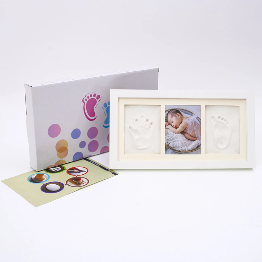 Creative Baby Hand and Foot Prints Photo Frame White Frame White Inkpad Wooden Picture Holder Home Desktop Decor Bedroom Living