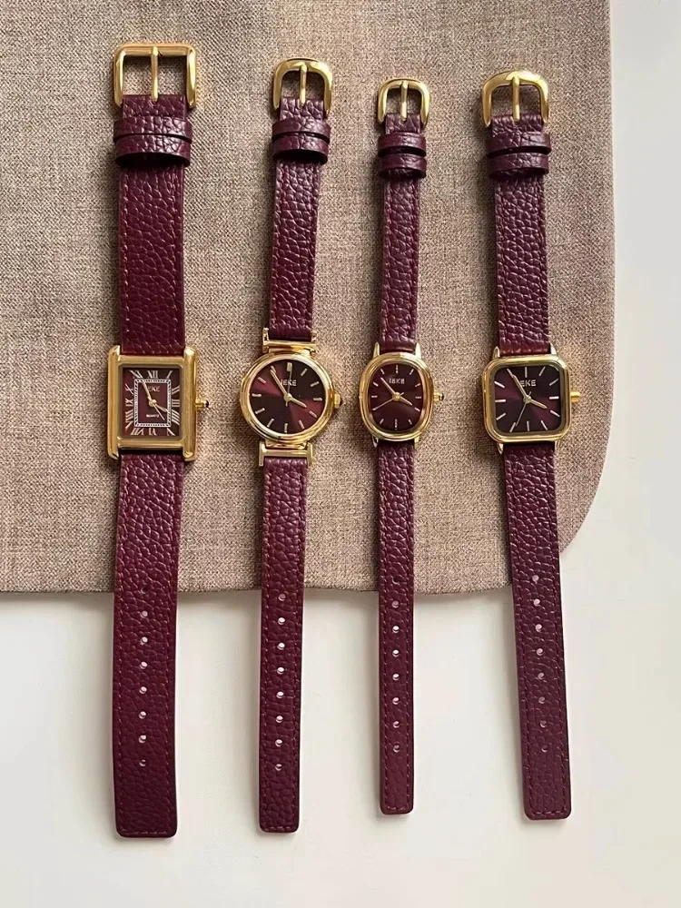 Jam tangan Quartz wanita, arloji merah mewah 2025, kulit asli, gaya mode, trendi, istimewa