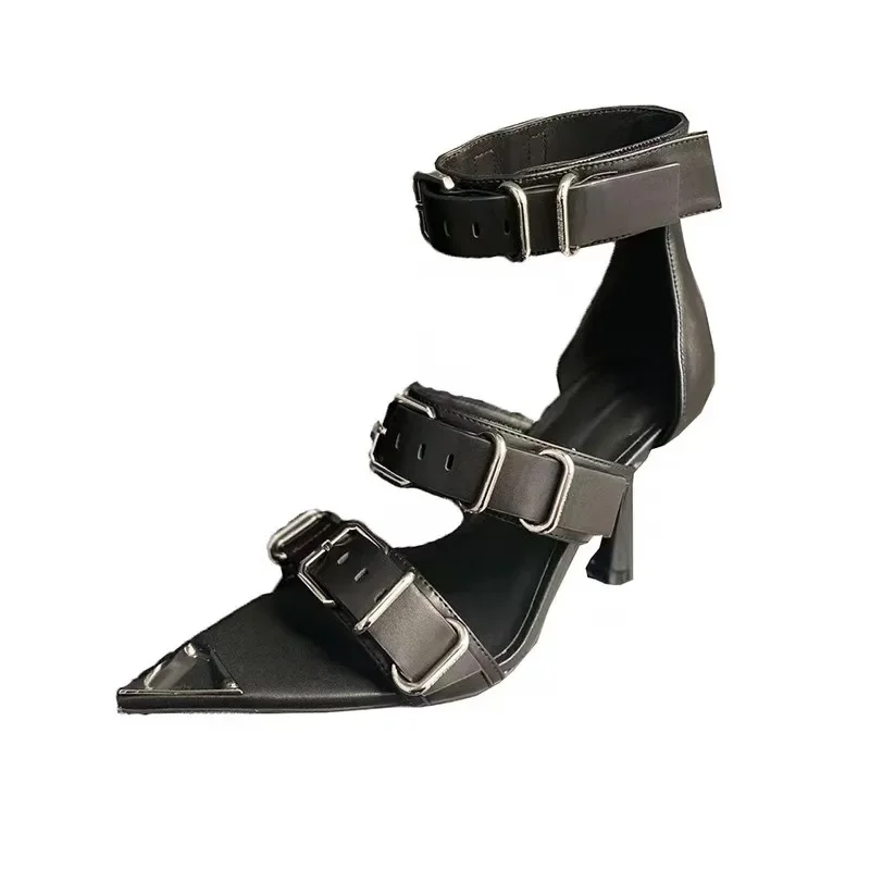 Nieuwe Sexy Puntige Metalen Decoratie/Riemgesp/Naaldhakken Sandalen Europese En Amerikaanse Mode Luxe Sandalen Nachtclub