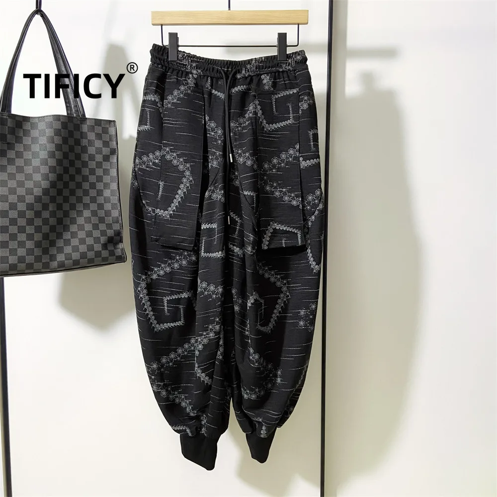 High Street Summer New Dark Style Pants Men's Hip-hop Hanging Crotch Harem Baggy Printed Lantern Pants