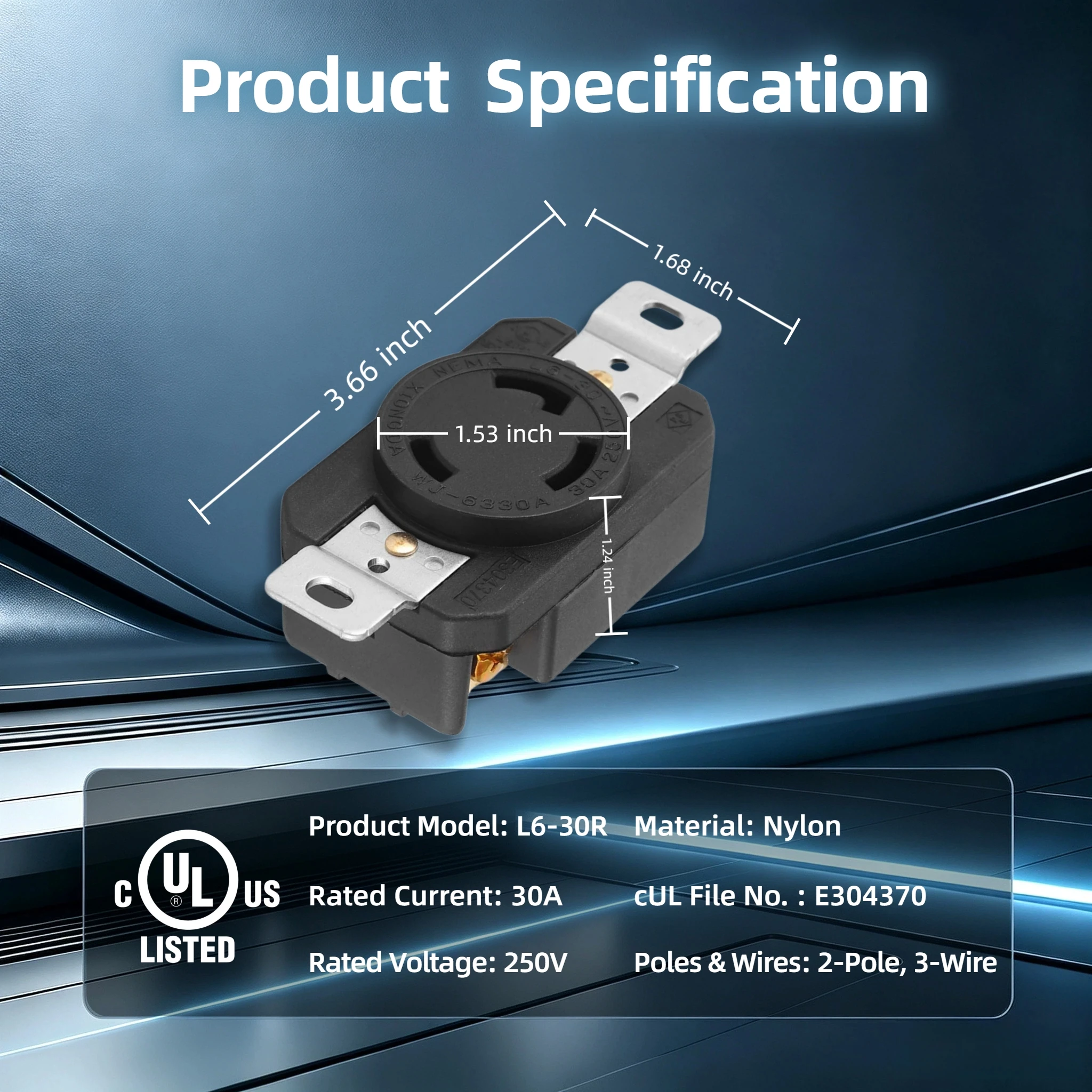 NEMA L6-30R Female Receptacle 250V 30 AMP Twist Lock Outlet Electrical 3 Pin Connector  for Generator, 2 Pole 3 Wire Industrial