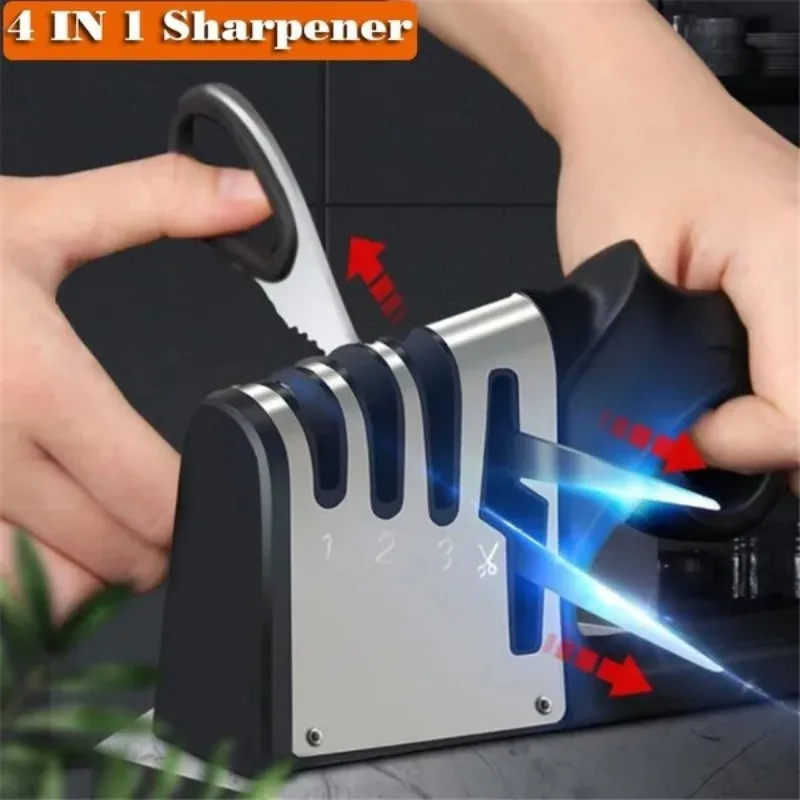 Knife Sharpener 4-in-1 with Diamond Blades - Fast Kitchen Knife & Scissor Sharpener, Ergonomic Handle, Portable Sharpening Tool