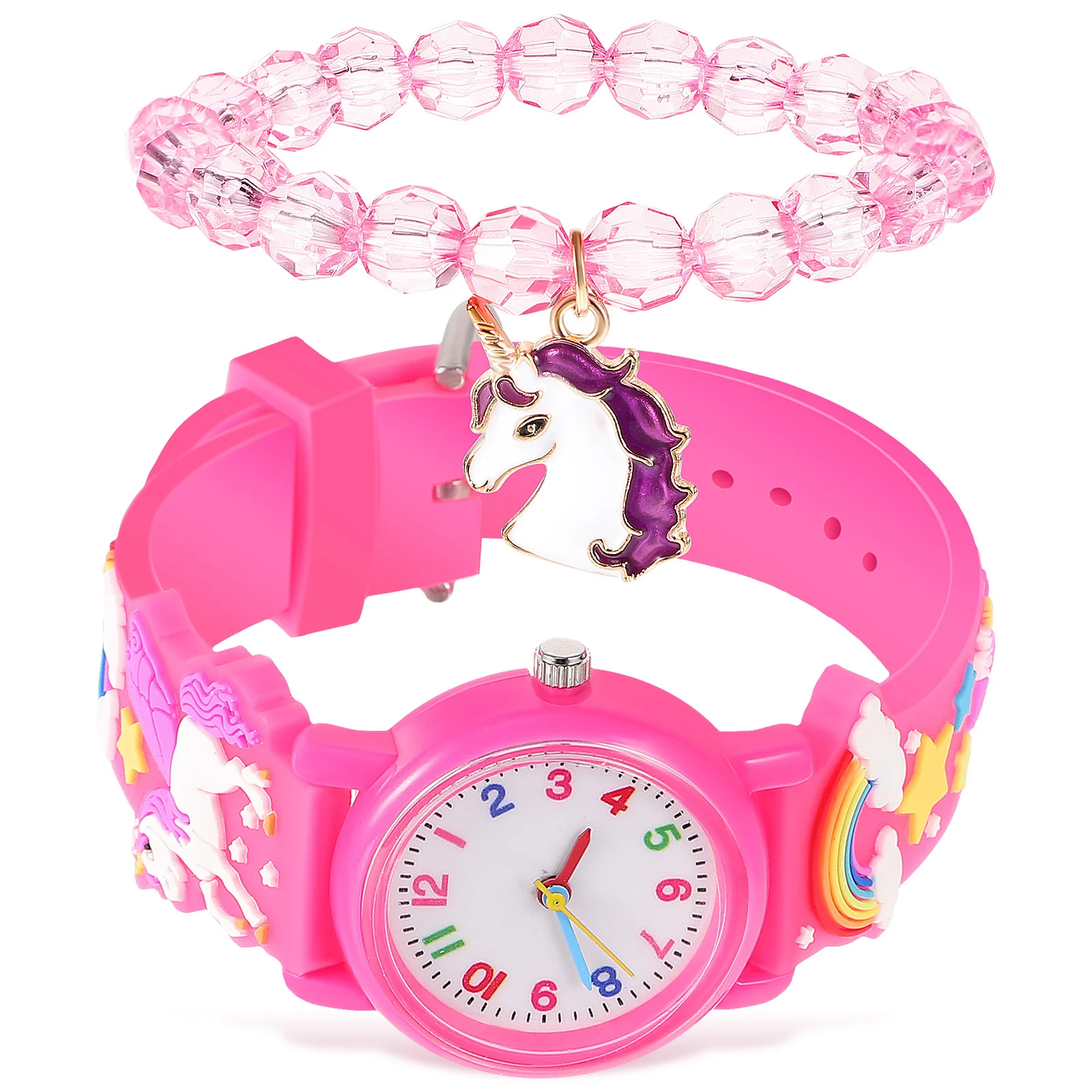 1Set Pink 's Unicorn Watch Bracelet Cartoon Beaded Bracelet Wristwatch Digital Analog Gift Set Unicorn Watch