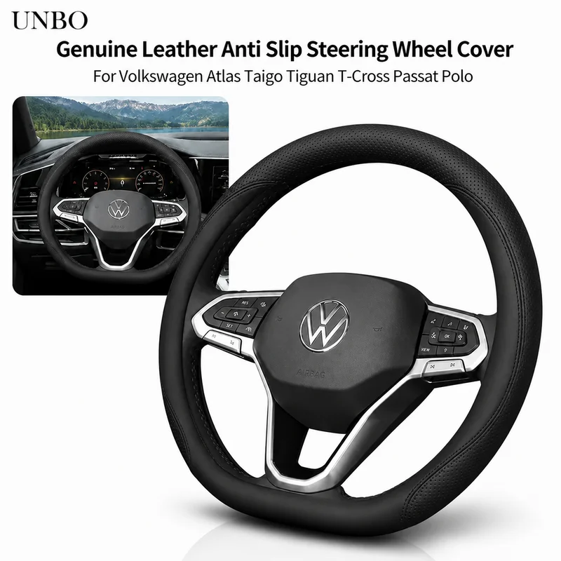 Genuine Leather Anti Slip Steering Wheel Cover For Volkswagen Atlas Taigo Tiguan T-Cross Passat Polo Auto Interior Accessories