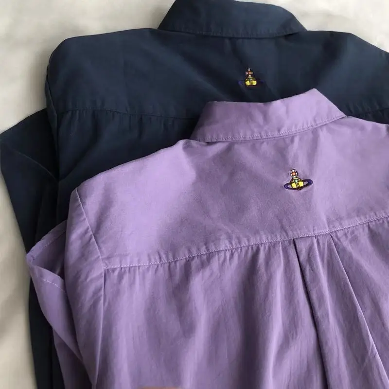 

Retro Small Embroidered Autumn Cotton Shirt for Women Polo Versatile Korean Long-sleeved Cardigan Shirt