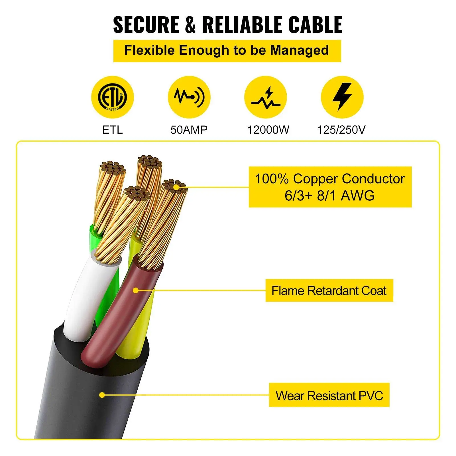 15FT Power Generator Extension Cord 12000W 125/250V Strap SS2-50R/CS6375 Style Inlets Cable 50AMP Plug Pin RV Electrical Systems - view 3