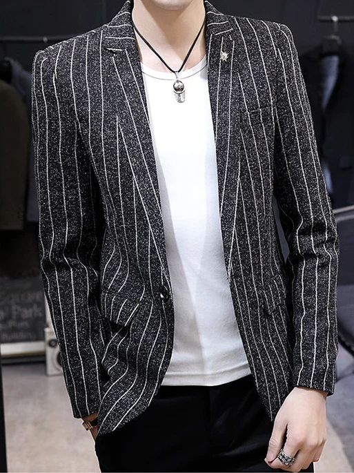 Stylish Men's Pinstripe Blazer Suit for Office And Daily Business Wear Classic Fit Single-breasted Long Sleeve
