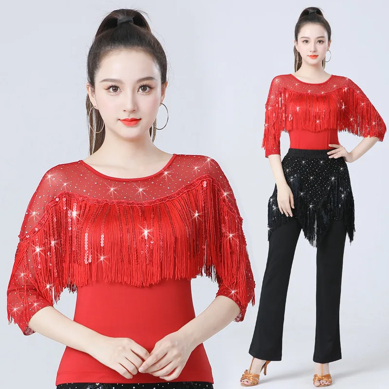 여성용 성인 라틴 스타일 재즈 모던 댄스 의상 탑 볼룸 댄스 스팽글 태슬 공연 의상 레이브 의상