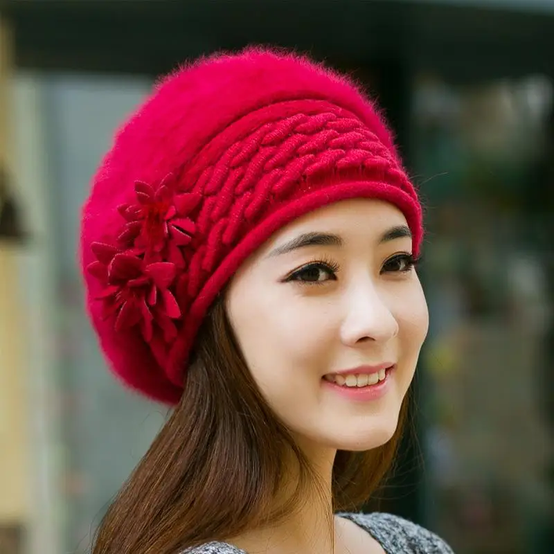 

Autumn and Winter Fashion Flower Wool Hat Warm Knitted Ear Protection Hat Women Outdoor Plus Velvet Thickened Rabbit Hair Beret
