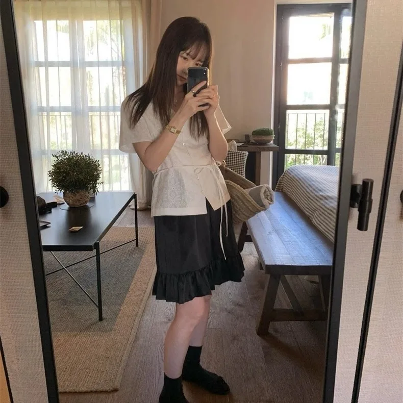 

Elegant Embroidered Shirt And Skirt Set Women's Summer Fashion Two-Piece Suit Short Sleeve V-Neck Korean Style Quality Clothing