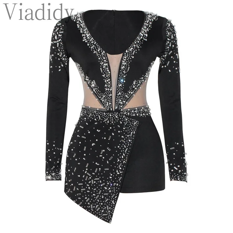 Romper wanita seksi kerah V dengan hiasan berlian imitasi dan jaring, lengan panjang, model ketat
