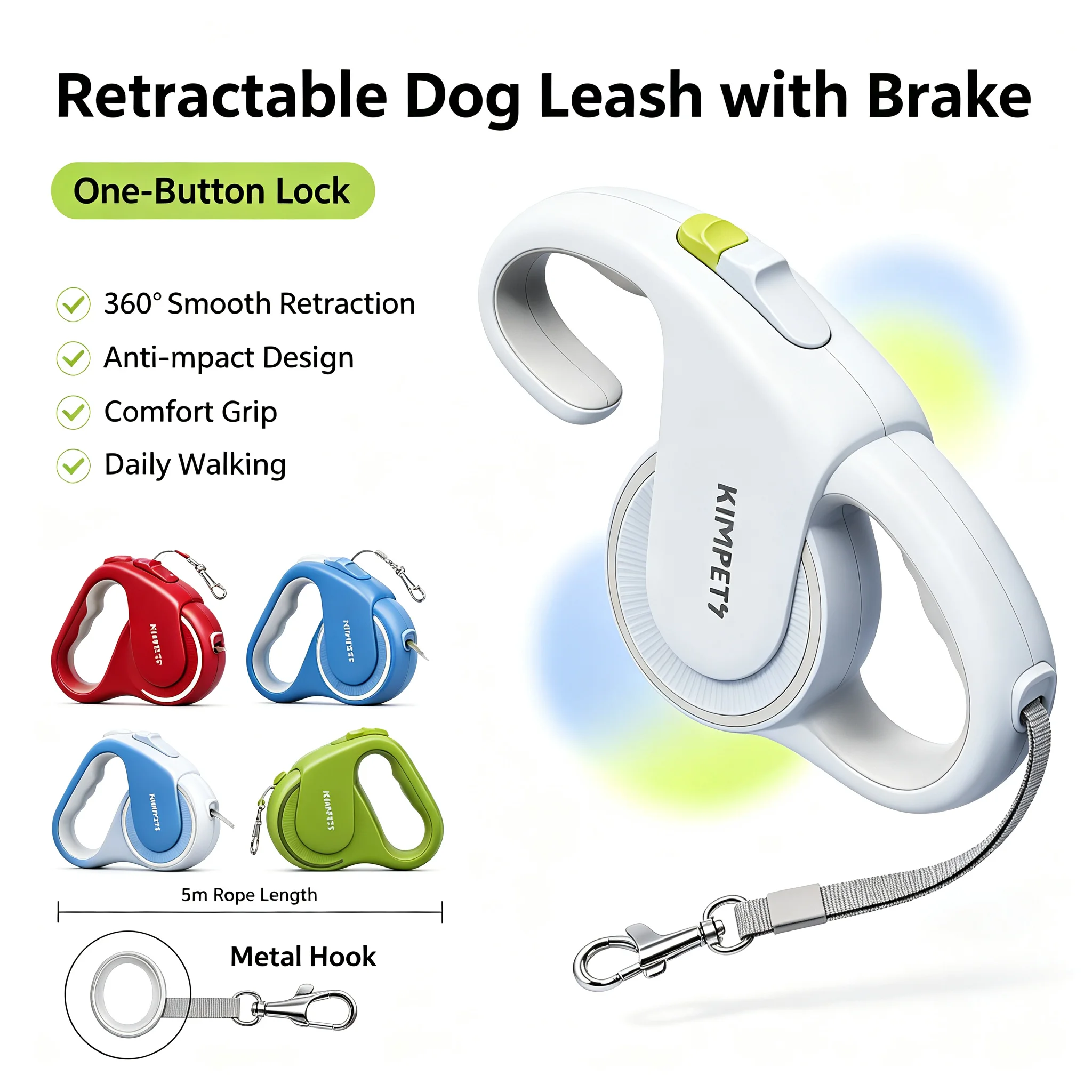 Dog Leash Retractable One Click Brake Reflective Rope 200LBS Heavy Duty Walking Training Pet Lead Small Medium Large Tangle Free