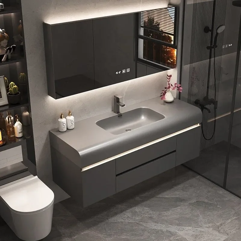 Smart Bathroom Vanity with Integrated Basin Anti Fog Light Storage Cabinet Skin Resistant Finish Modern Washstand for