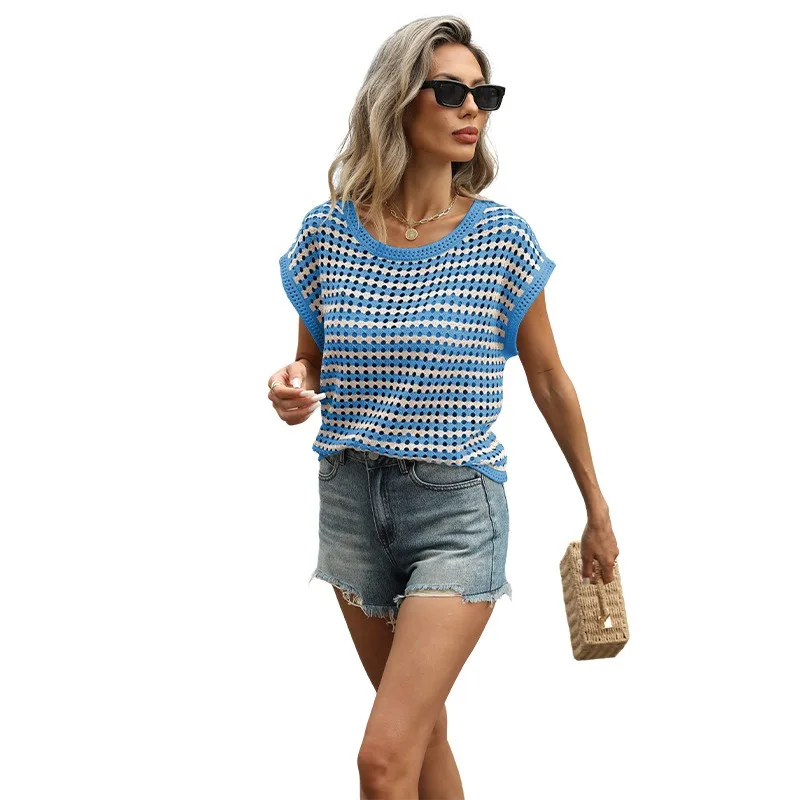 A Trendy Striped Top Covered Sleeve and Round Neck Casual Vacation Which Bestseller Foreign Trade Women's Clothing Spring Summer