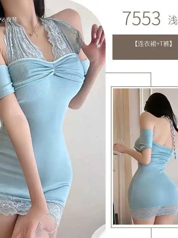 Mesh Kant Blauwe Tank Mini Jurk T-shirt Mode Vrouwen Tops 2025 Nieuwe Sexy Pure Desire Halter Nachthemd Uniform Jurk Elegante CAG4