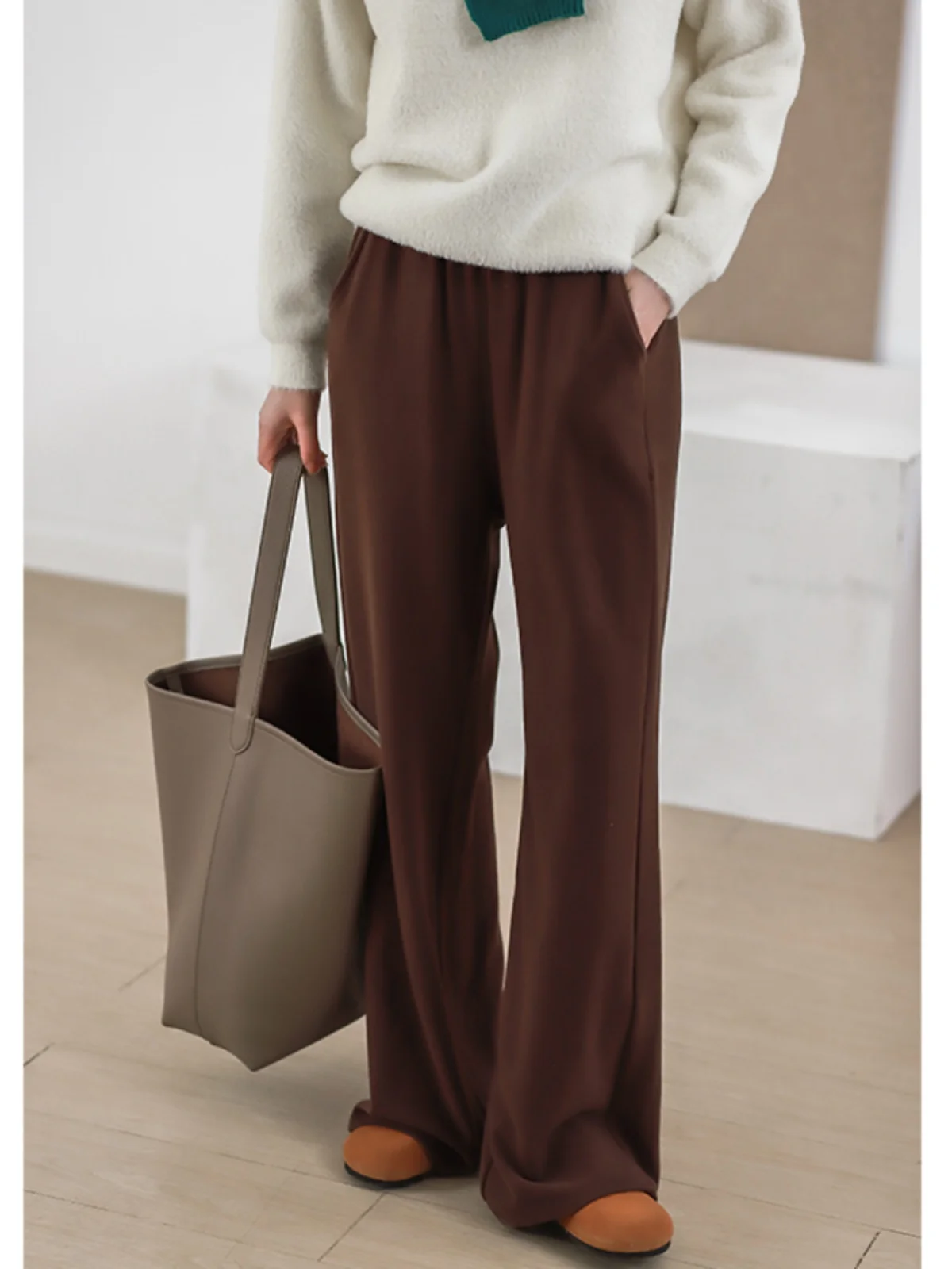 

Phil Dan Comfortable Straight Leg Pants Dervo Mixed Wool Thickened Drapey Casual Trousers for Women Korean Style Natural Waist