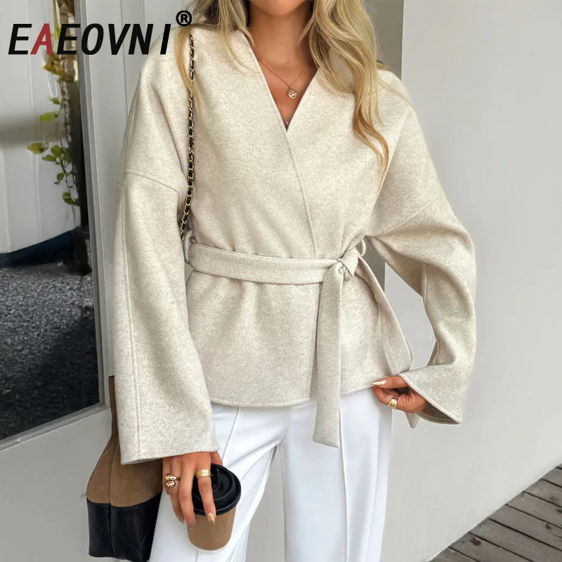 

EAEOVNI женский костюм, пальто, модный однотонный пиджак с v-образным вырезом и длинными рукавами, поясная куртка со сборками, верхняя одежда, новинка 2026, одежда