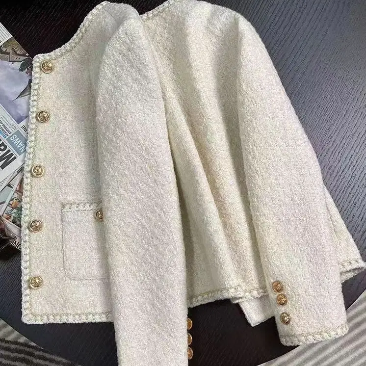 2025 autumn and winter new Korean version beige French short small fragrant temperament celebrity tweed jacket women