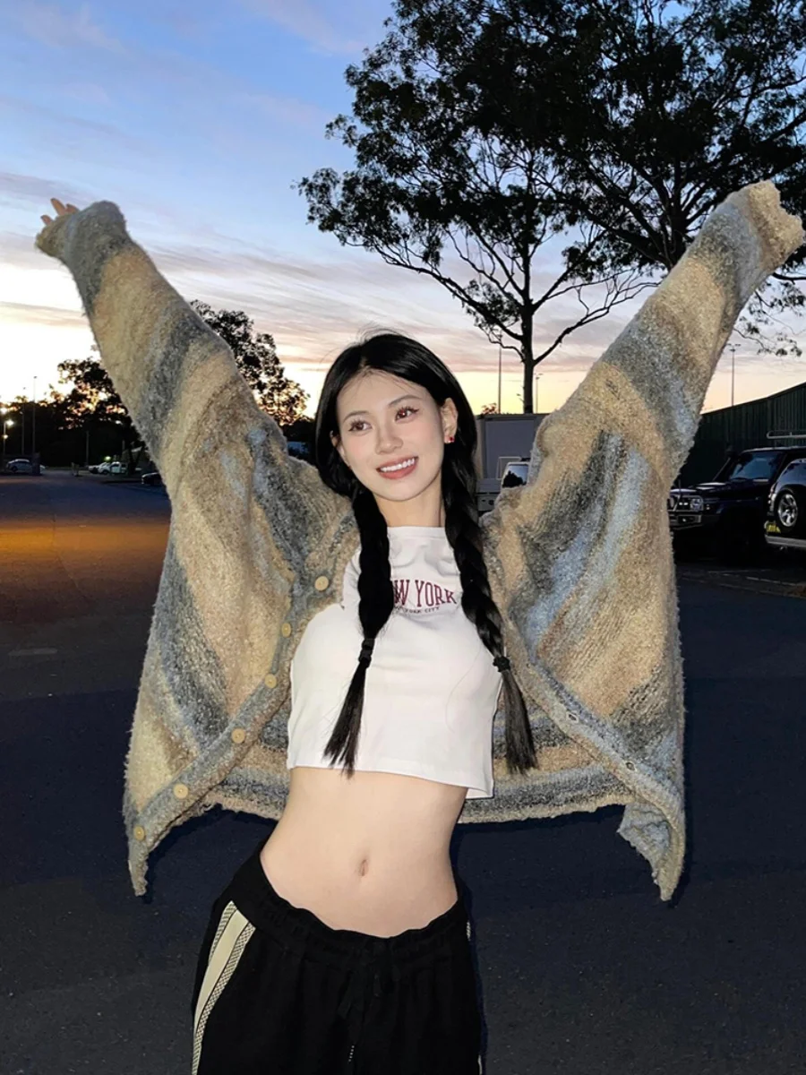 

Американский ретро-кардиган в полоску для женщин, свободный, длинный, на раннюю осень, в стиле lazy chic