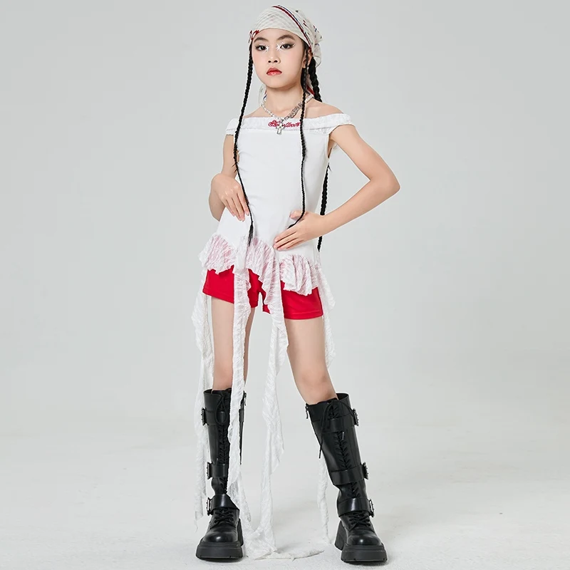 2025 الأطفال أزياء رقص الجاز الحديثة للفتيات كتف واحد الشريط الأعلى السراويل الحمراء وتتسابق الهيب هوب ملابس الرقص DQS19786