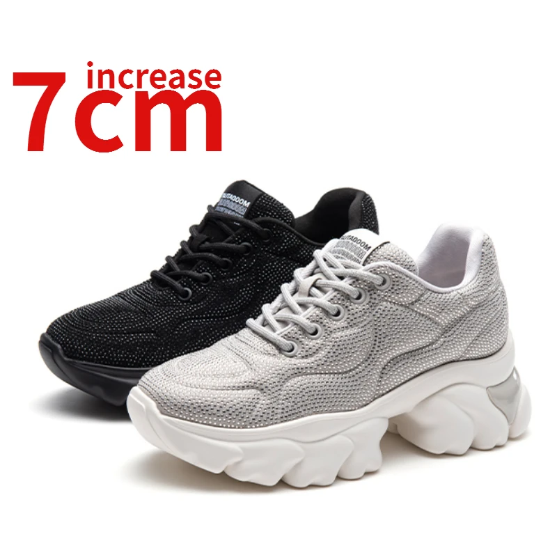 

Heighten Thick Soled Dad's Shoes for Women Increased 7cm Space Silver Rhinestone Sneakers Height Increasing Casual Sports Shoes