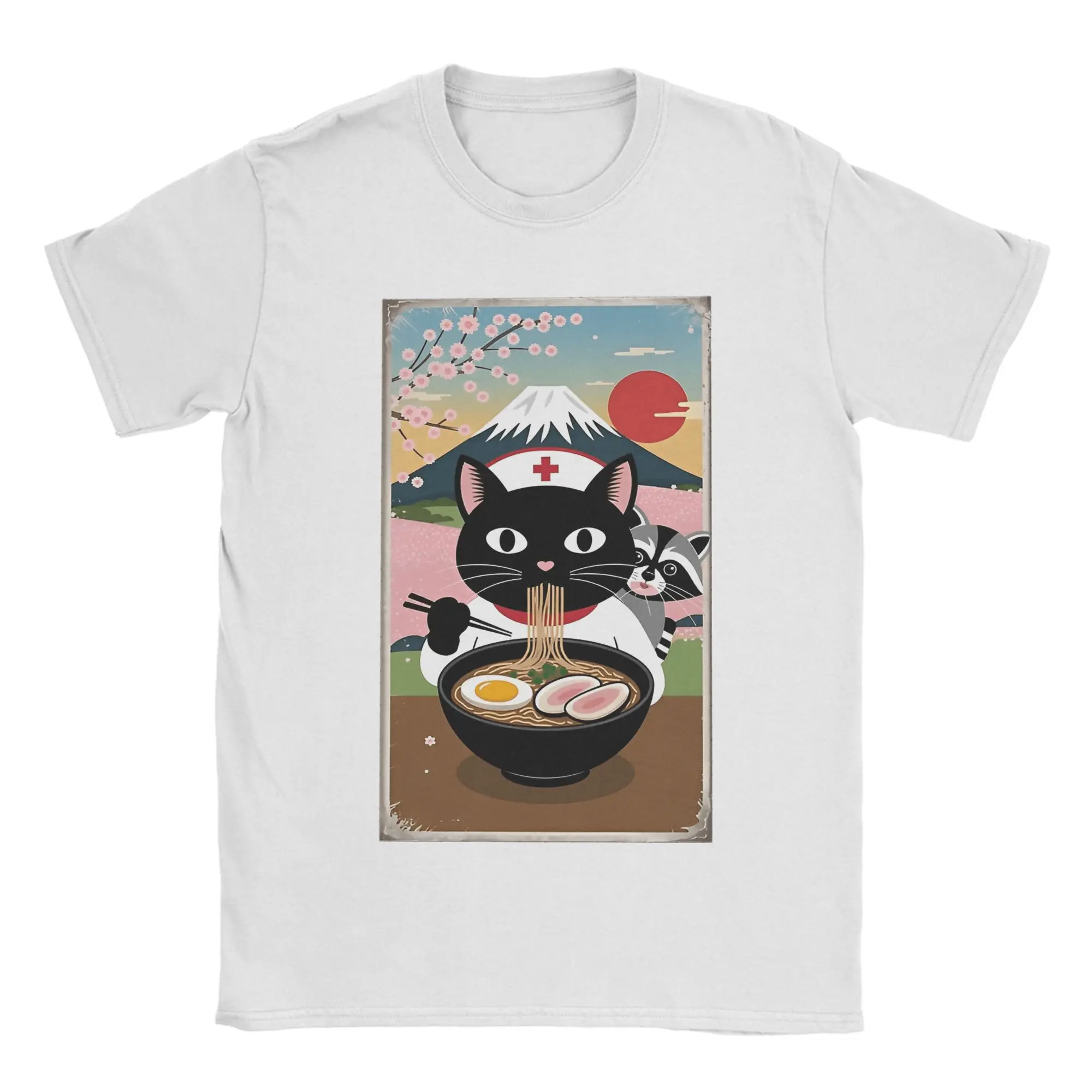 

Ностальгическая футболка Ramen Night Black Nurse Cat Raccoon & Mount Fuji, мужская хлопковая футболка с юмором и круглым воротником, футболка с коротким рукавом и принтом