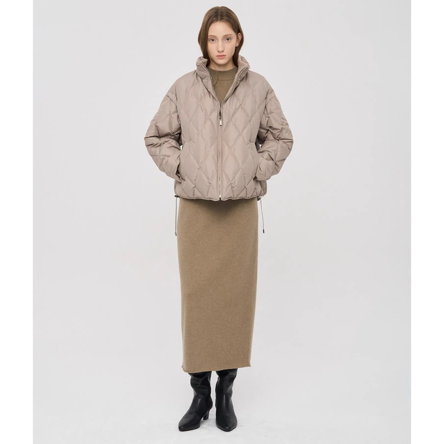 Casual Loose ort Goose down Jaet Lemon Cheese Autumn Winter Simple Sle Quilted Diamond Pattern Stand Collar Zipper Closure