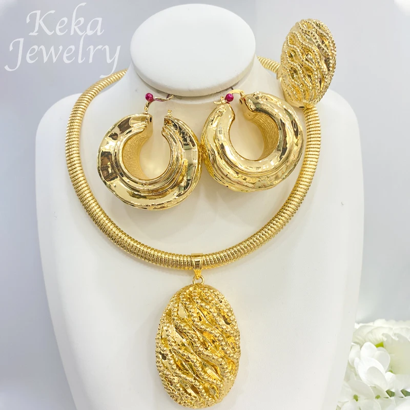 Big Size 4PCS Gold Color Wedding Jewelry Set Wave Design Bracelet Ring Necklace Hoop Earrings Italy Luxury Jewelry Accessories