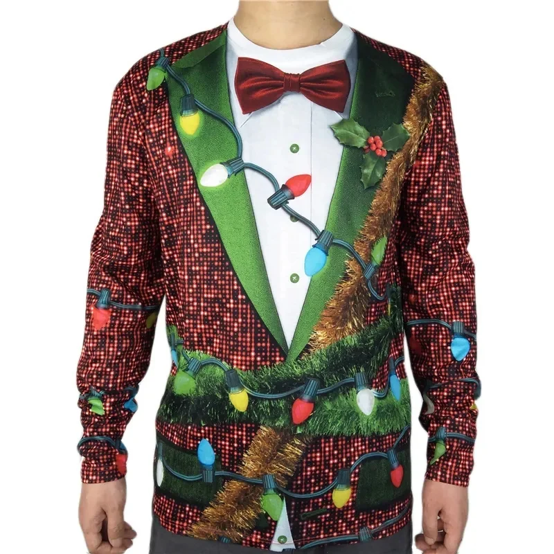 Christmas Cosplay Pattern T-Shirt For Men Fake Two Pieces 3D Print T Shirts Autumn Casual Long Sleeves Loose Round Neck Tops Tee