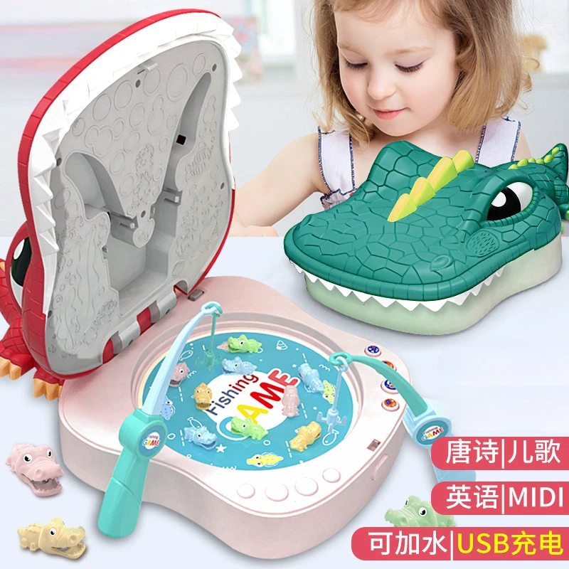 Children's Electric Charging Dinosaur Fishing New Plate Toy Multifunctional Music Story Graffiti Magnetic Fishing Platform