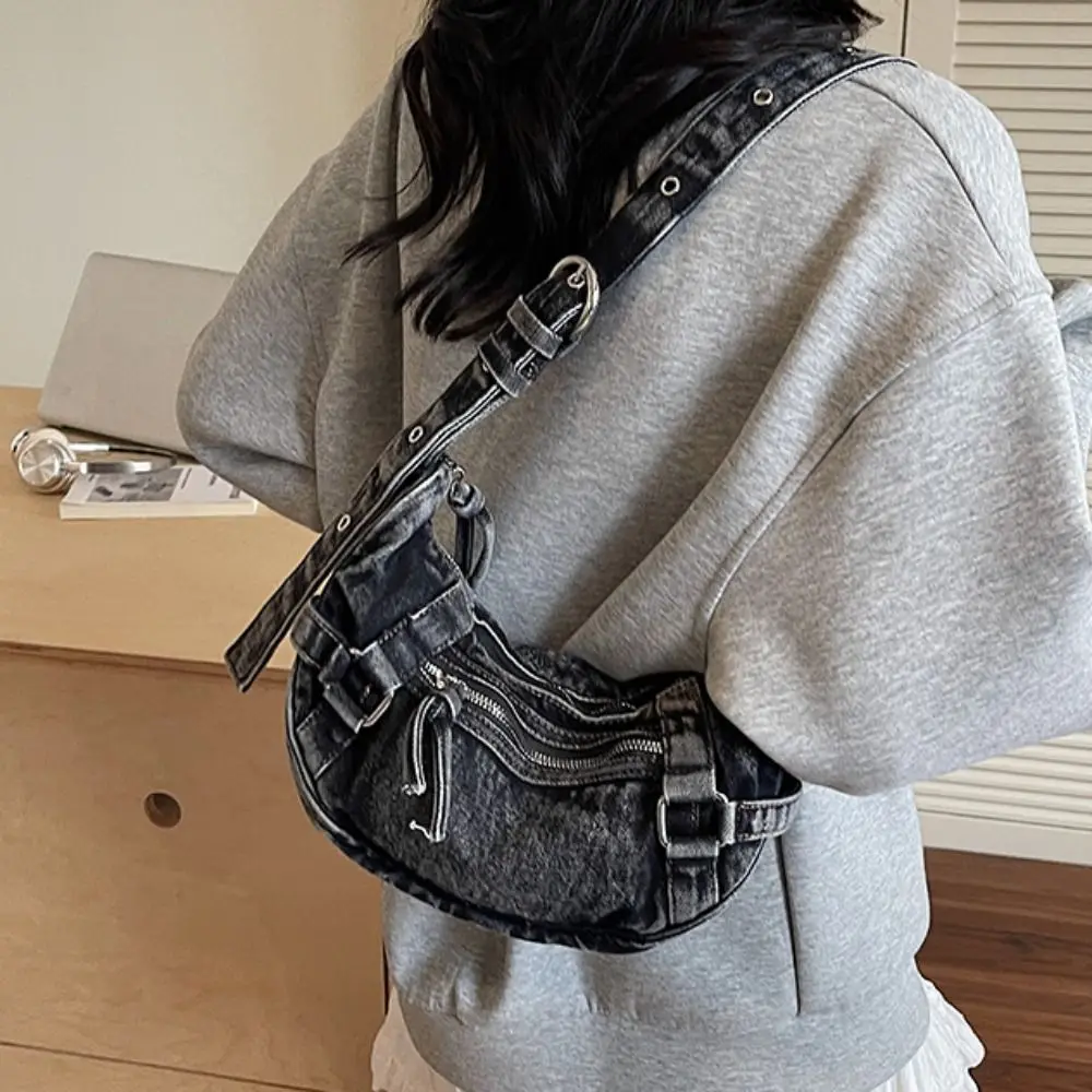 

Fashion American Style Canvas Dumpling Bag Adjustable Strap Retro Casual Tote Bag Harajuku Zipper Denim Crossbody Bag Commuting