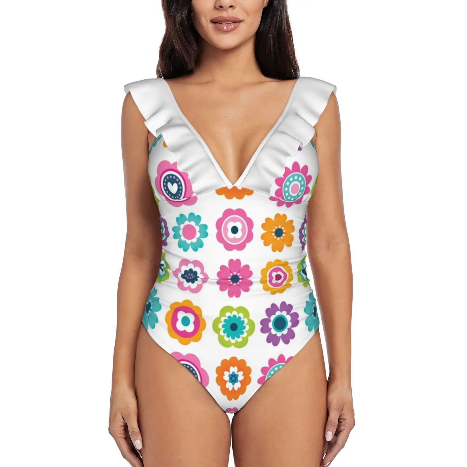 

Mod Flowers-Spring Colors One-Piece Swimsuit Women Ruffle Bathing Suits New Girl Beach Swimwear Flower Flowers Floral Daisy