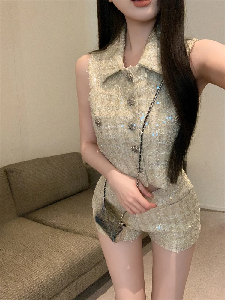 KUSAHIKI 2024 Women\'s Summer Thick Tweed Sequin Turn-down Collar Sleeveless Tank Top Casual Short Pants Two Piece Set