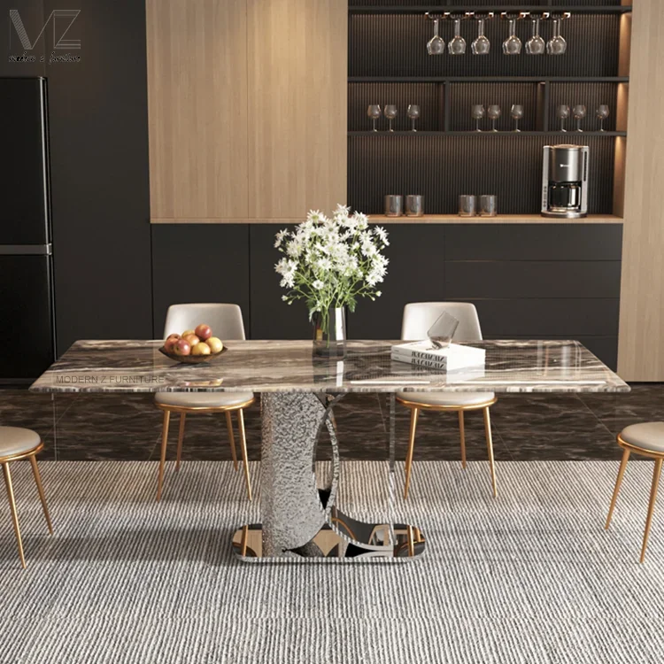 Italian Full Kitchen Stainless Steel Leg Dinning Table Room Furniture 4 Seater Marble Sintered Stone Top Dining Table