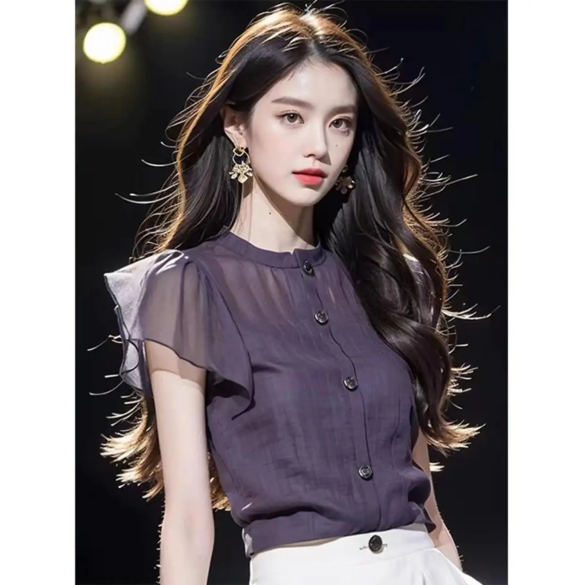 Camisa Morada Elegante para Mujer, Camisa Moderna de Cintura Alta, Hermosa Camisa de Estilo Francés de Manga Corta con Cuello Redondo y Transpirable
