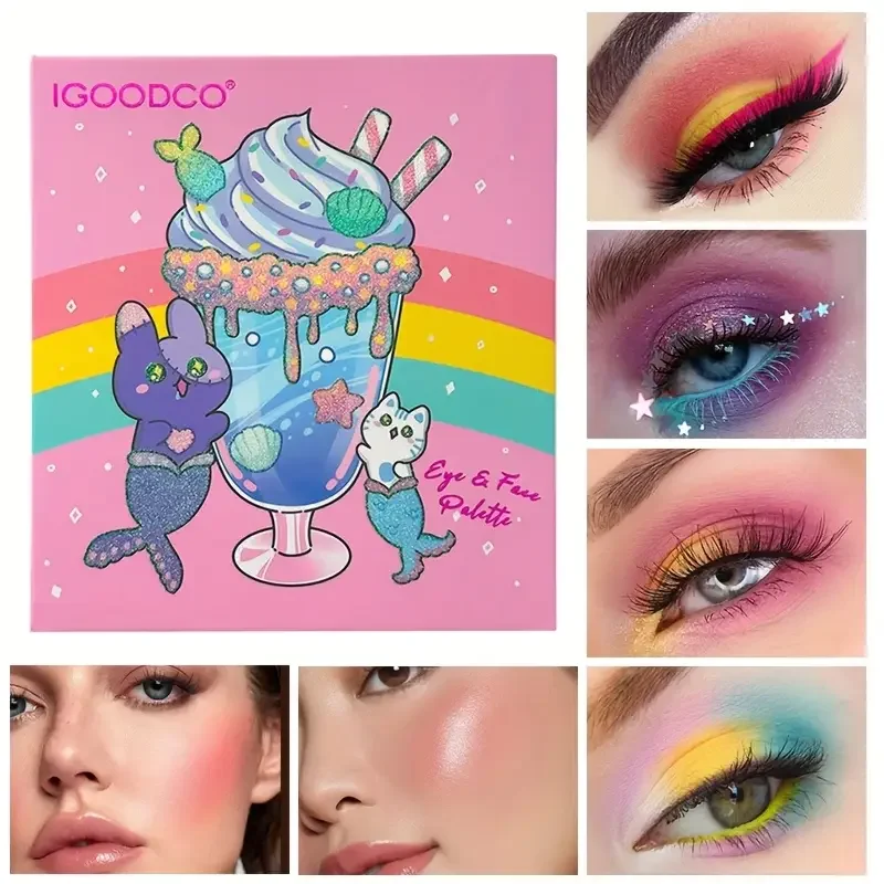 Paleta de maquiagem de desenho animado de 14 cores, sombra com glitter rosa, lantejoulas foscas e brilho fino, para maquiagem diária feminina, festas de fim de ano