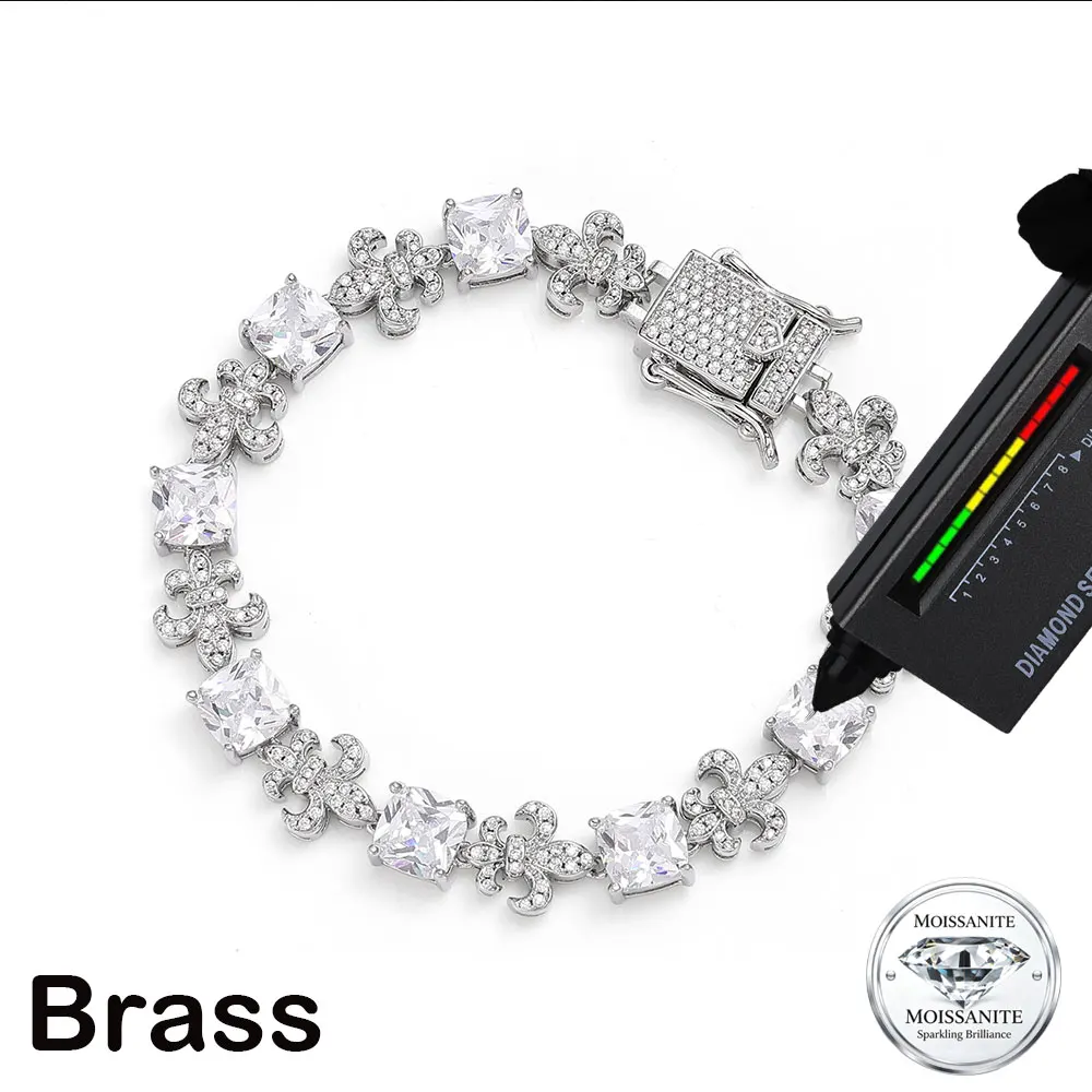 ESKEEM  Iced Out Iris Flower Moissanite/CZ Bracelet Square Stones Luxury Hip Hop S925/Copper Jewelry for Men Women Gift