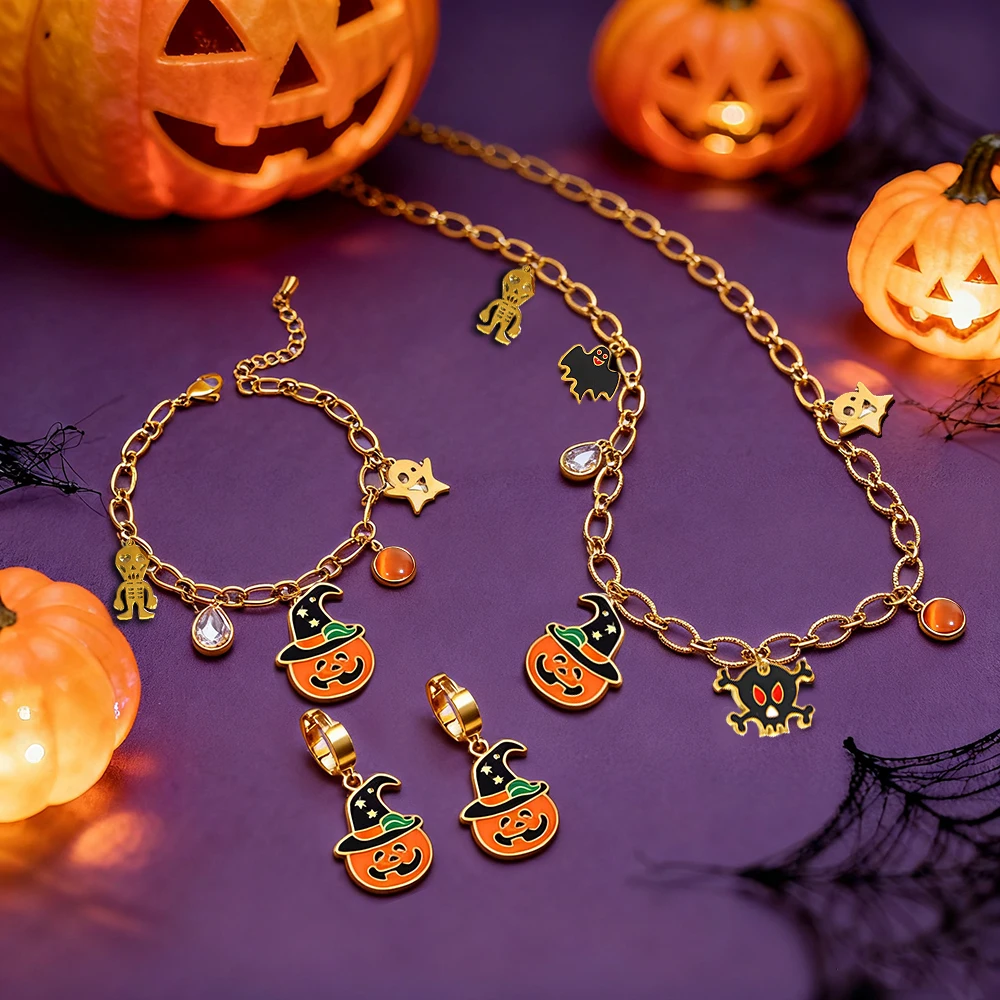 

Freetry 3 Pcs Retro Stainless Steel Halloween Jewelry Set Women New Goth Pumpkin Bat Skull Pendant Necklace Bracelet Earrings