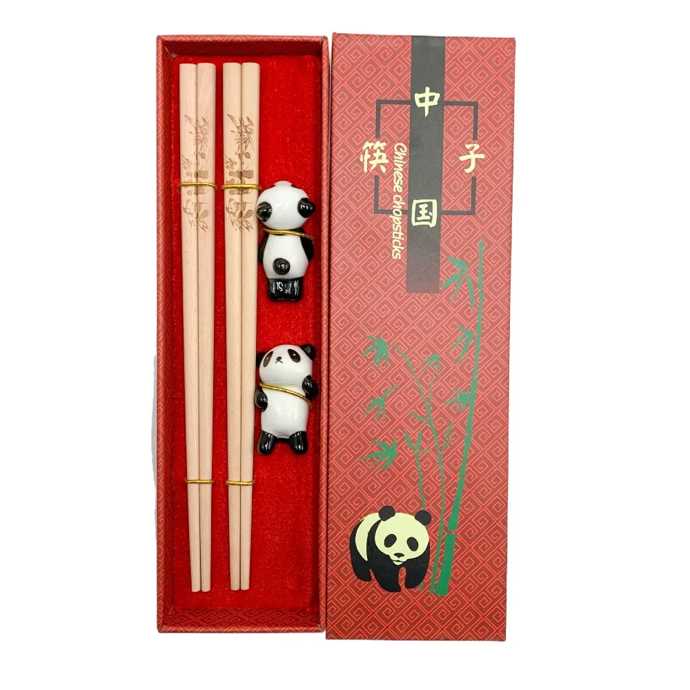 

2 Pair With Chopstick Rest Panda Chopsticks Gift Set Natural Wooden Laser Engraving Chinese Chopstick Non-slip Sushi Chopsticks