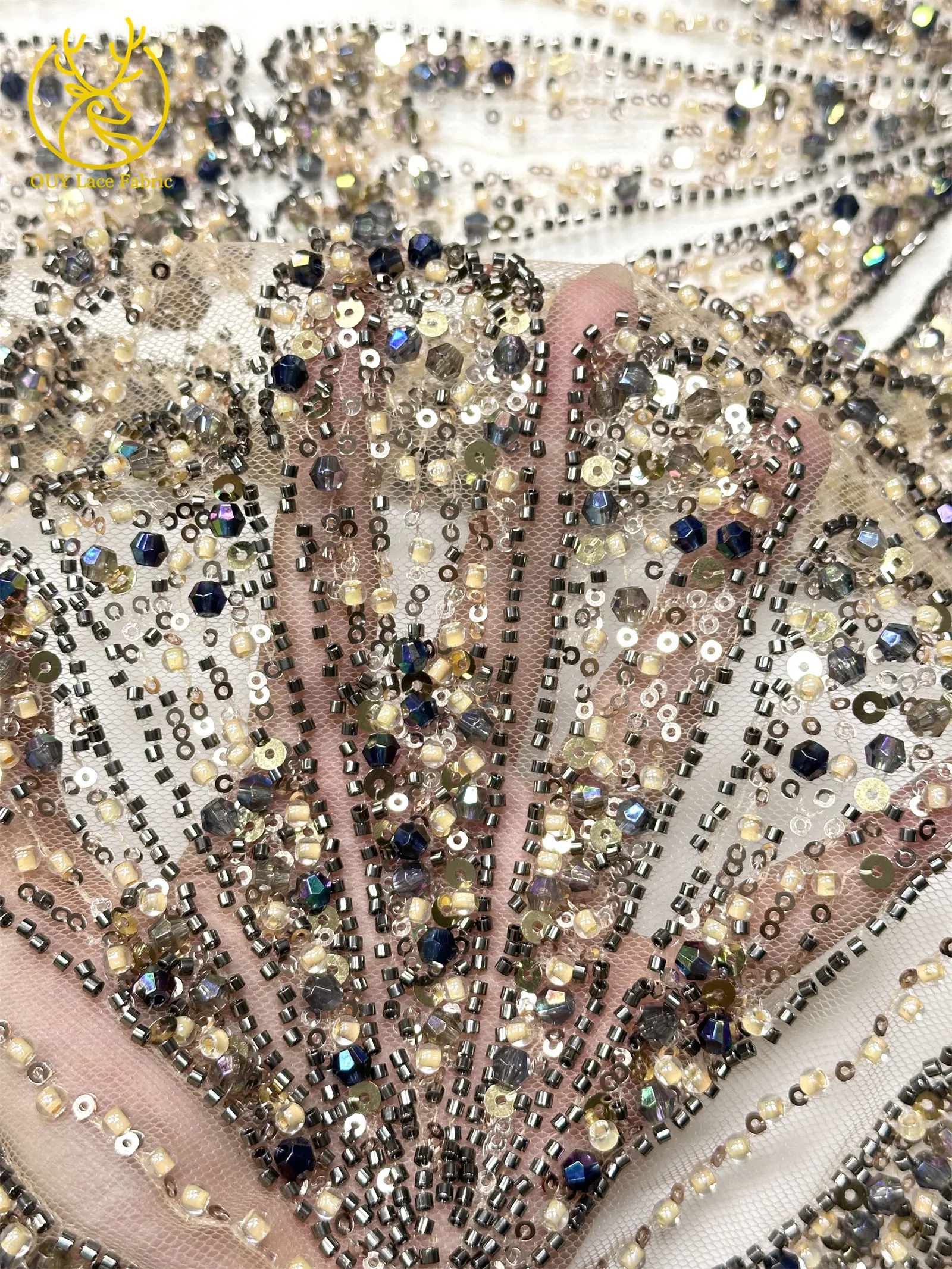 2026 Neuer Afrikanischer Schwer Perlenverzierter Spitzenstoff Hochwertiger Französischer Tüll Pailletten-Spitzenstoff Premium Maßgefertigtes Damen-Abendkleid – Detail 10