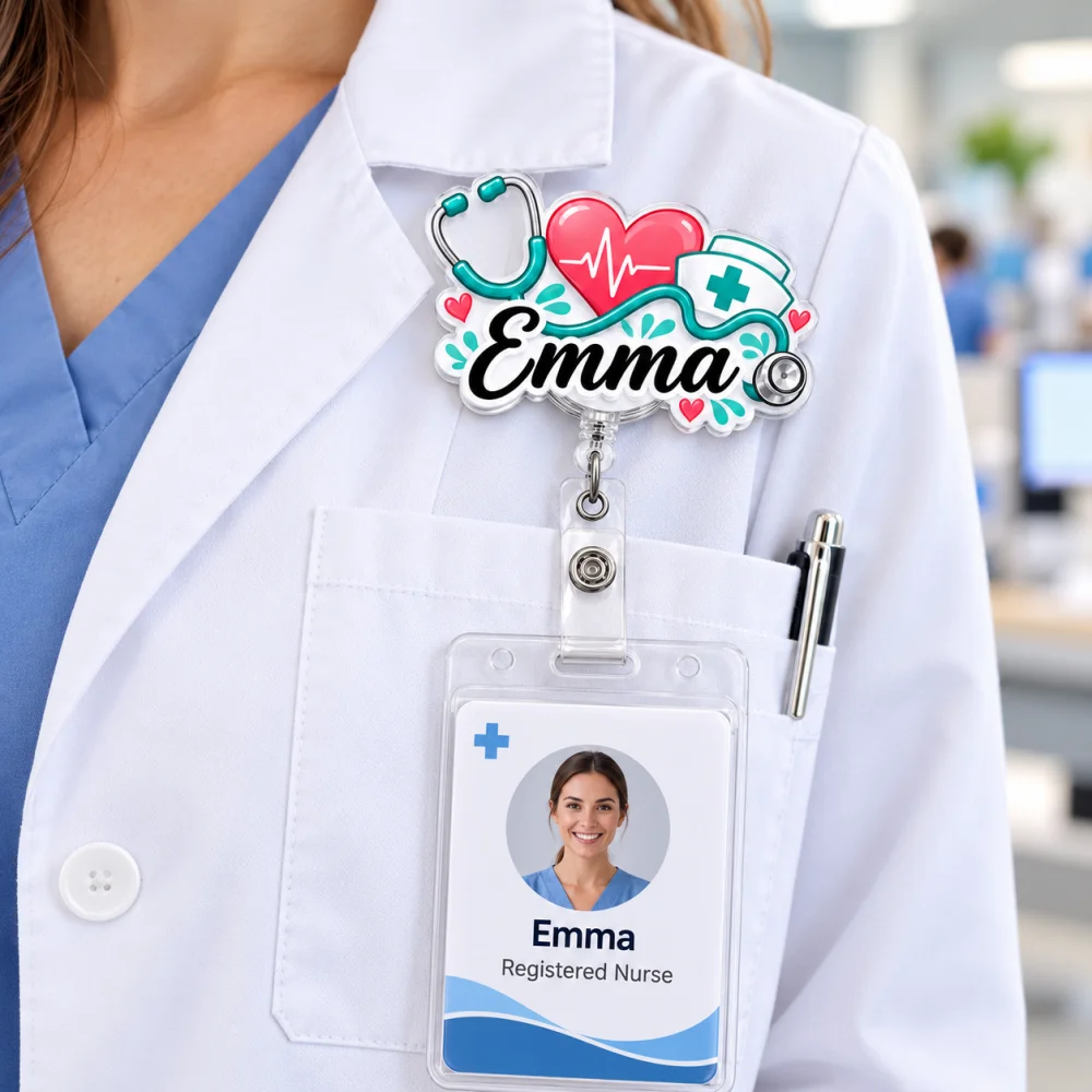 1pc Custom Name Badge Reel Personalized Acrylic Nurse ID Holder Stethoscope Heart Retractable Clip for Nurses Teachers Students